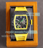Copy Richard Mille RM010 Skeleton Dial Arabic Numerals Markers Carbon Watch Yellow Strap